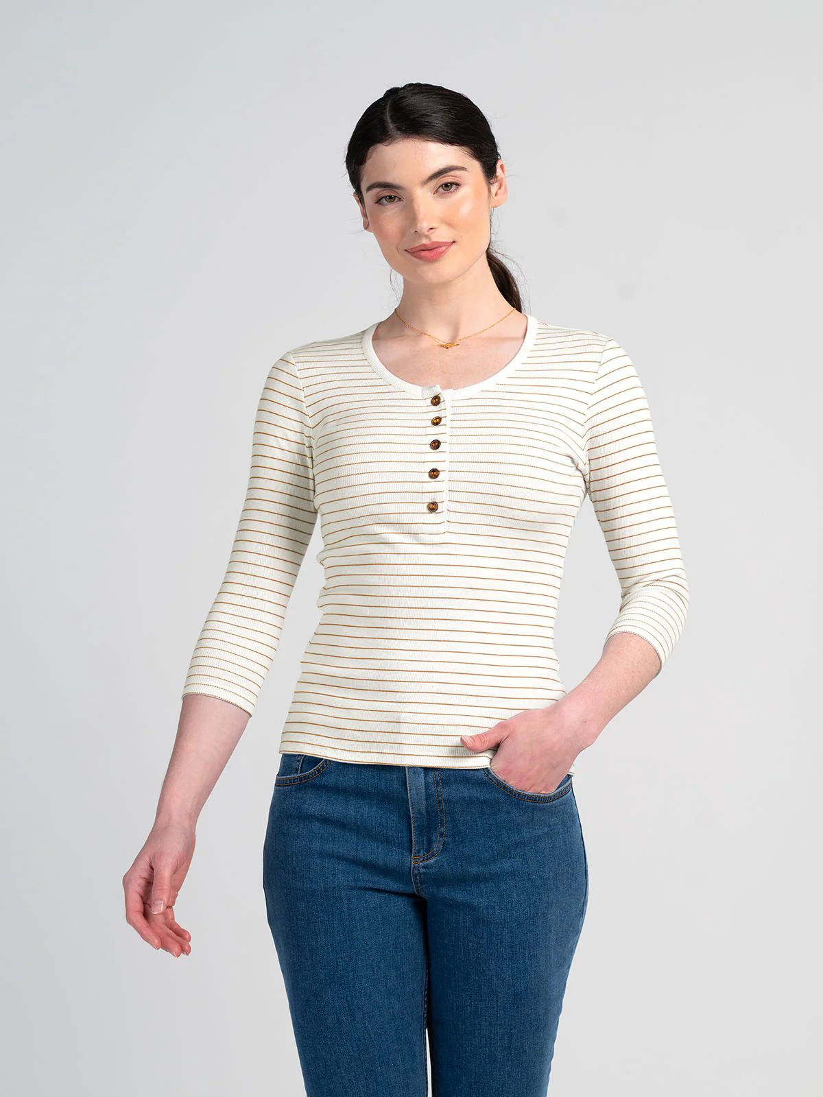 3/4 Sleeve Stripe Jersey Rib Tee - Image 2