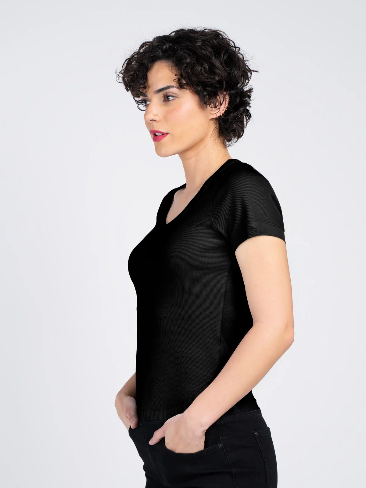 Short Sleeve V Neck Rib Tee - Image 3